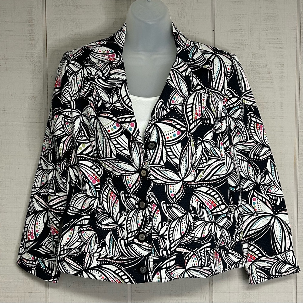 Womens Blazer Jacket Size 8 Buttons Notched Lapel Cotton‎ Geometric Butterfly